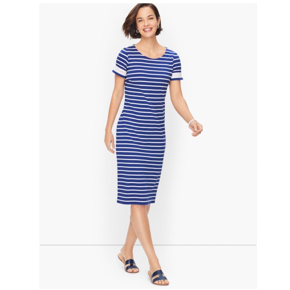 Talbots Cotton Lace Trim Shift Dress Sprint Stripe Casual Women's Size Medium‎